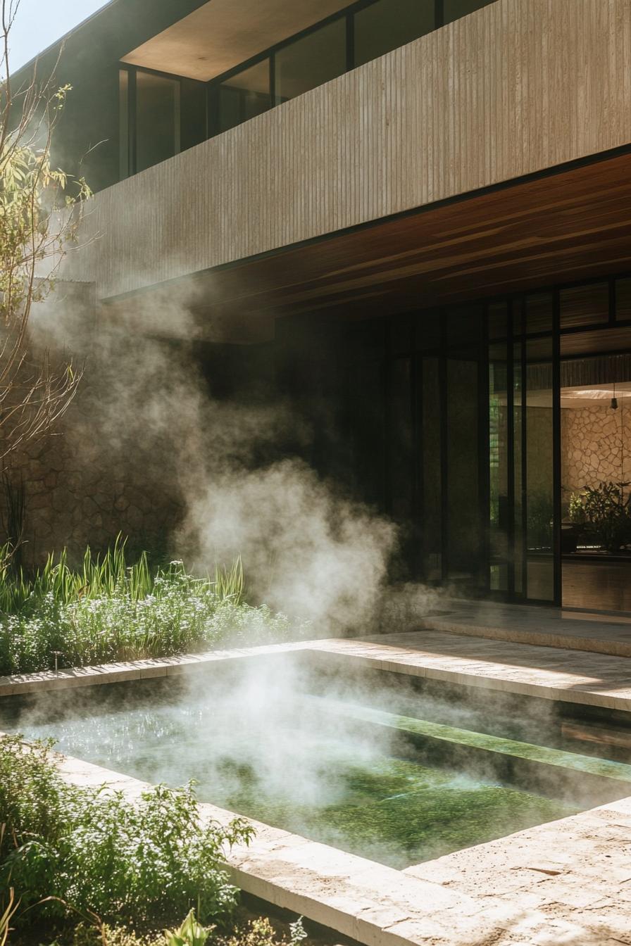 modern house inner courtyard with steaming thermal water pool and garden 2