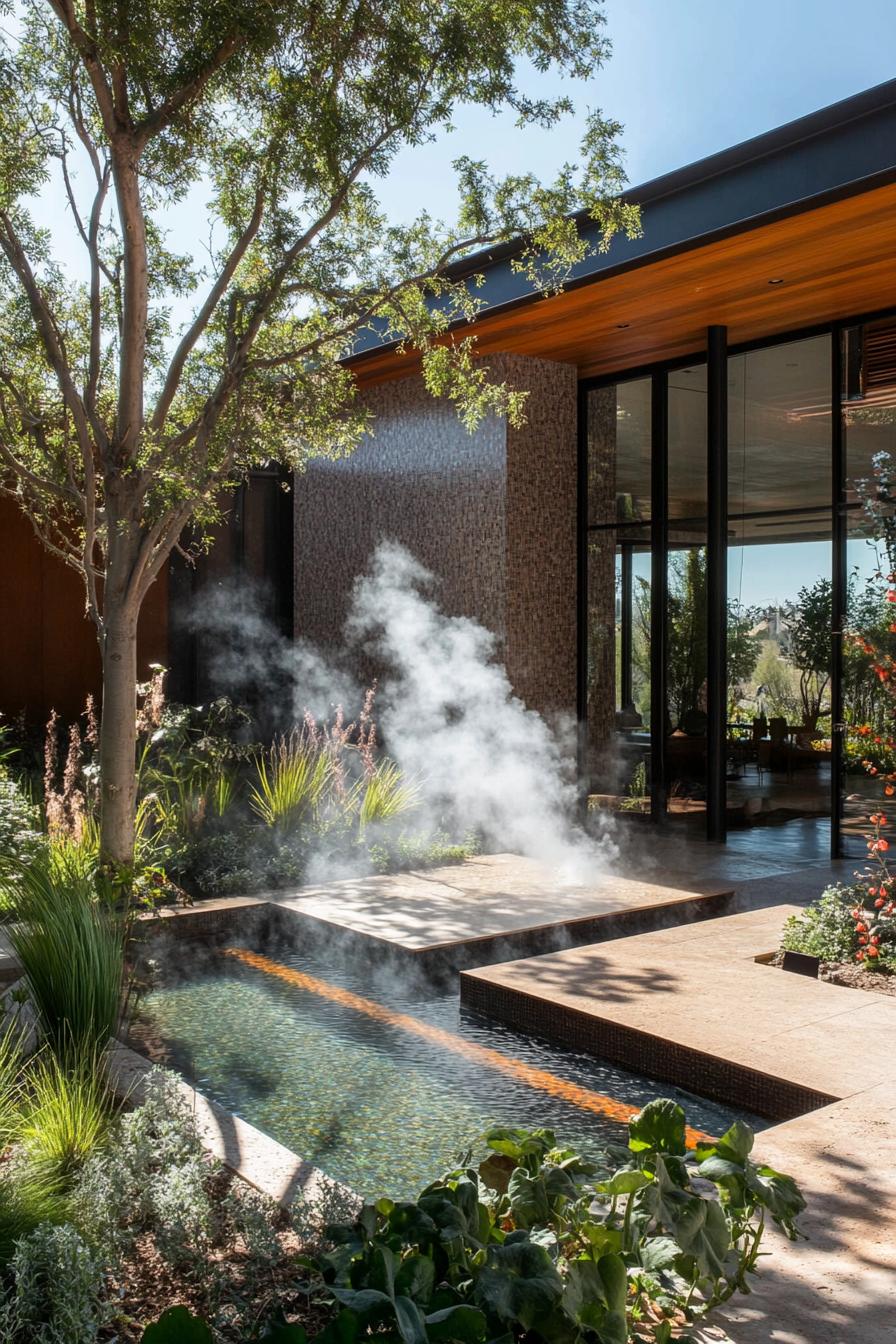 modern house inner courtyard with steaming thermal water pool and garden 3