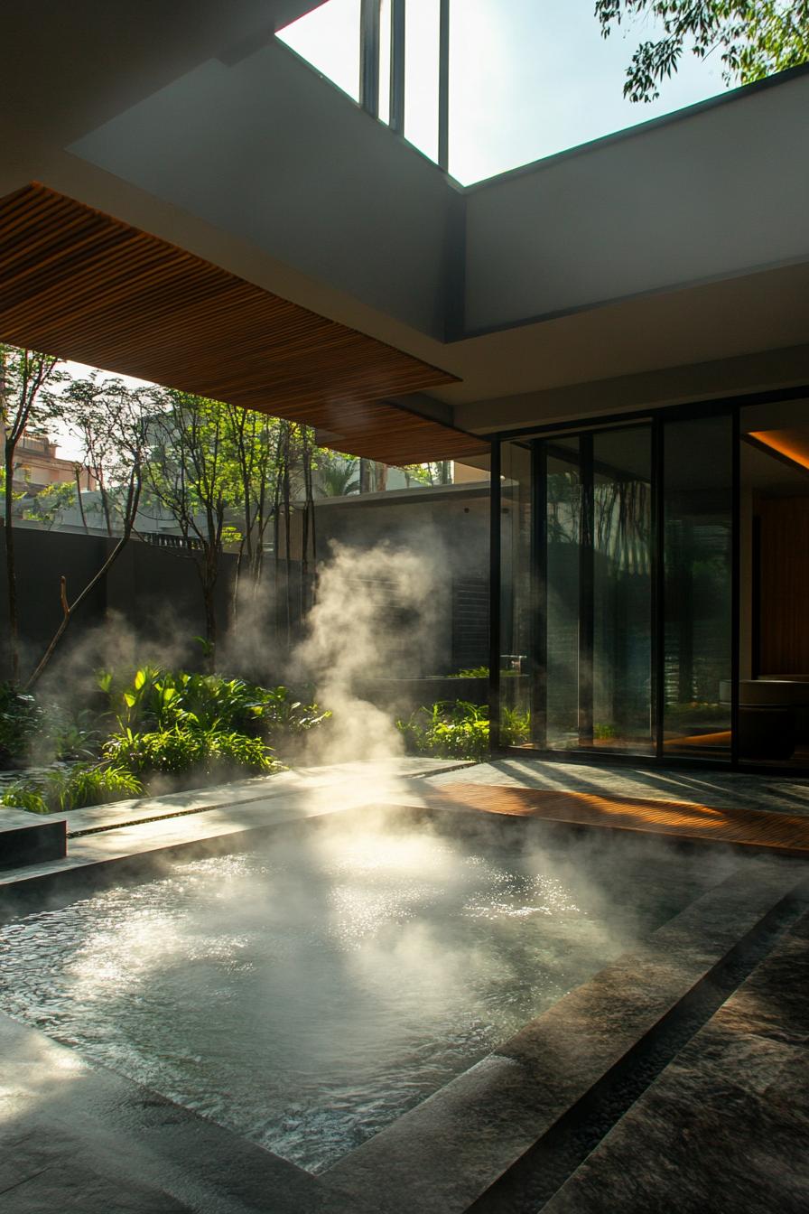 modern house inner courtyard with steaming thermal water pool and garden