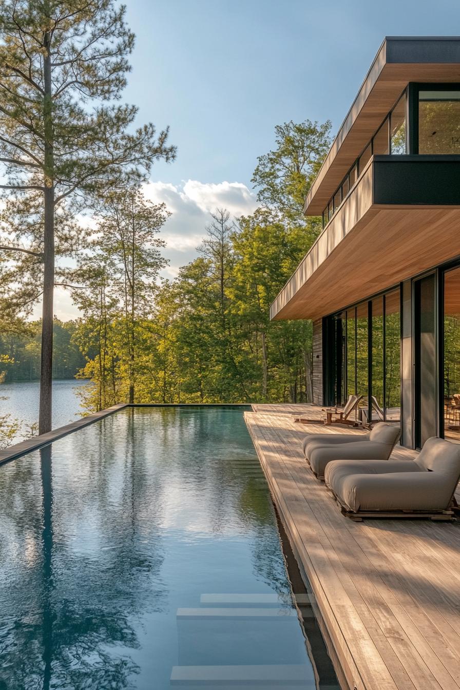 modern house with deck pool with submerged seating overlooking lake and trees in the background 1