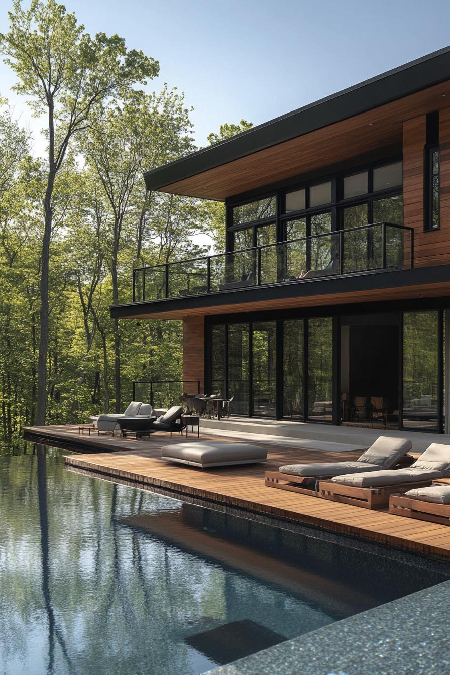 modern house with deck pool with submerged seating overlooking lake and trees in the background 2