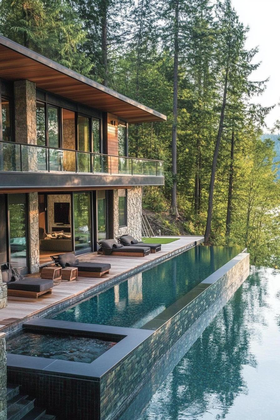 modern house with deck pool with submerged seating overlooking lake and trees in the background 3