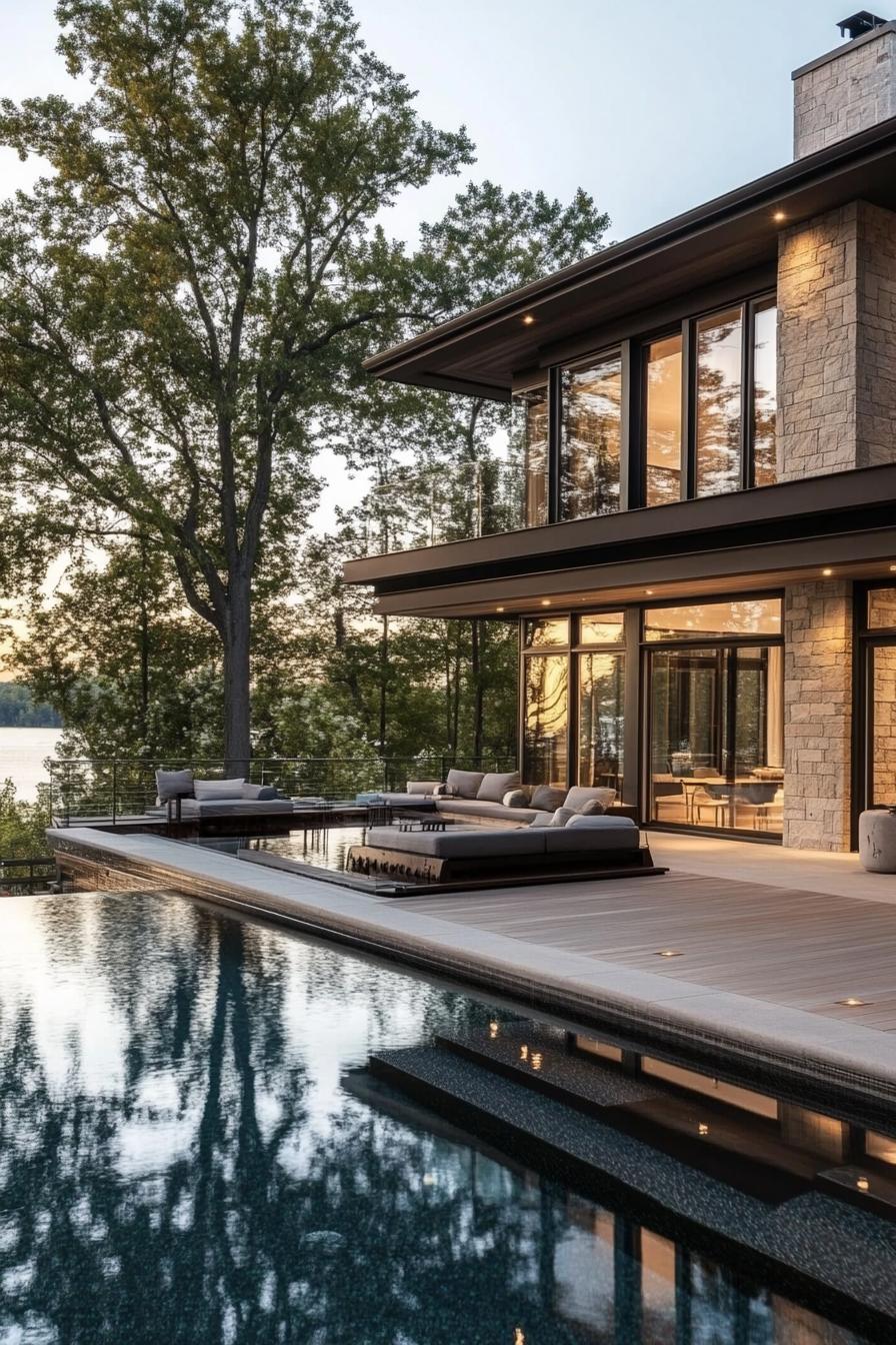 modern house with deck pool with submerged seating overlooking lake and trees in the background