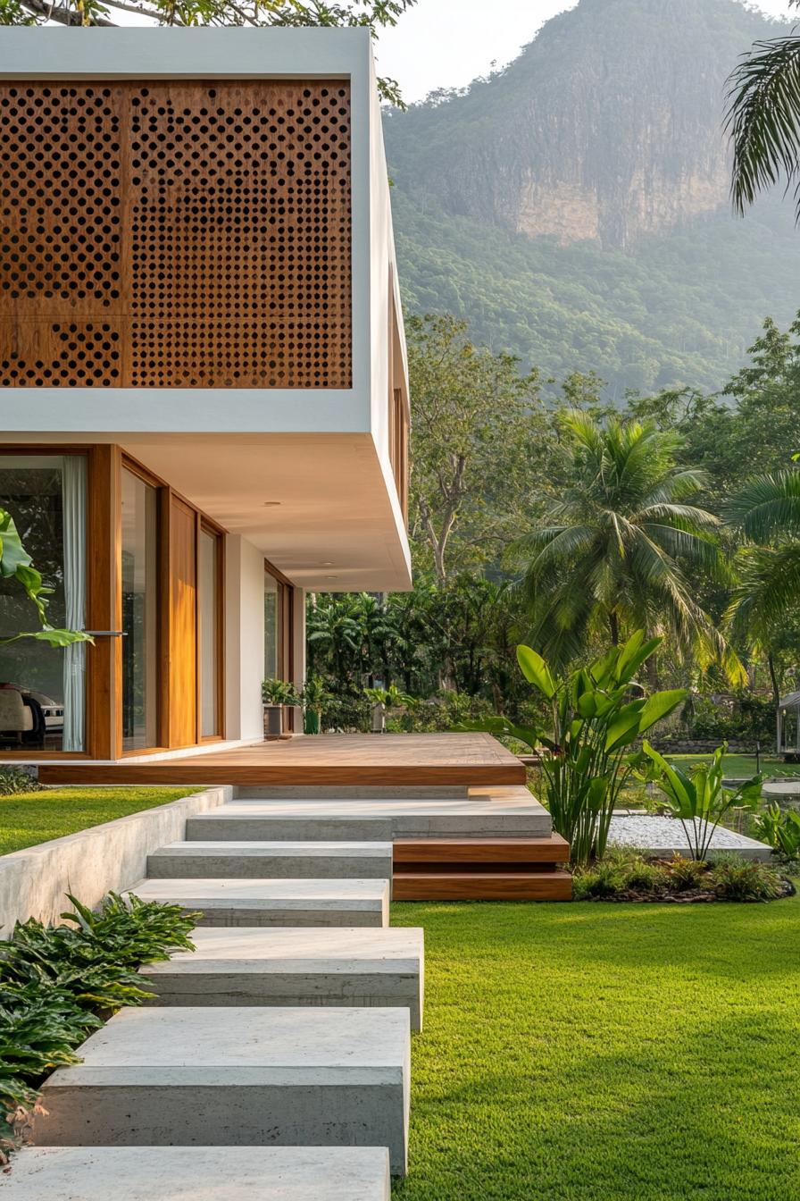 modern indian style house white oncrete mixed with wood theres a perforated accent wood wall full wall windows and sliding doors front yard lawn 1