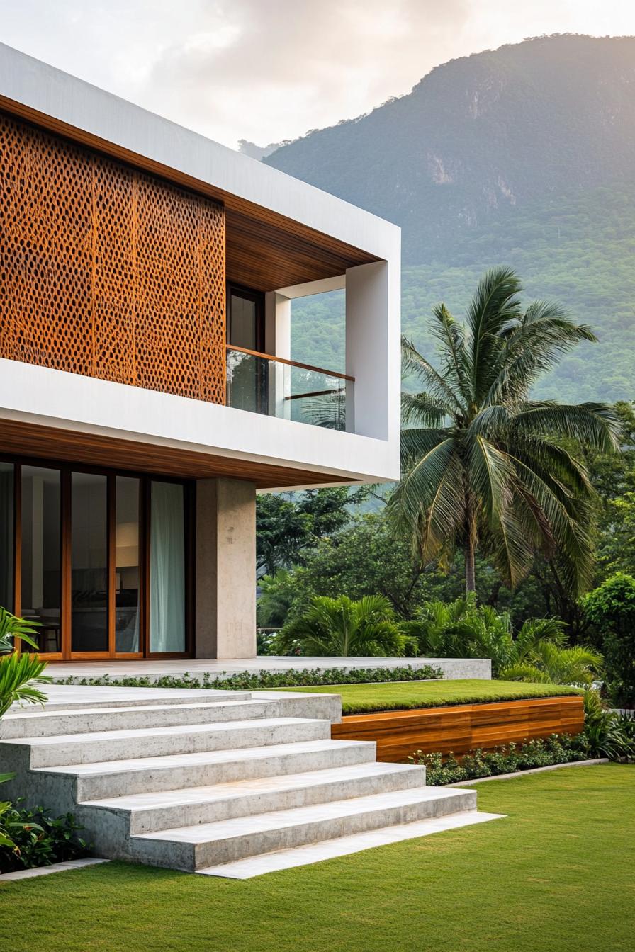 modern indian style house white oncrete mixed with wood theres a perforated accent wood wall full wall windows and sliding doors front yard lawn 3