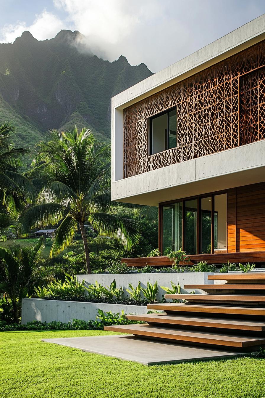 modern indian style house white oncrete mixed with wood theres a perforated accent wood wall full wall windows and sliding doors front yard lawn