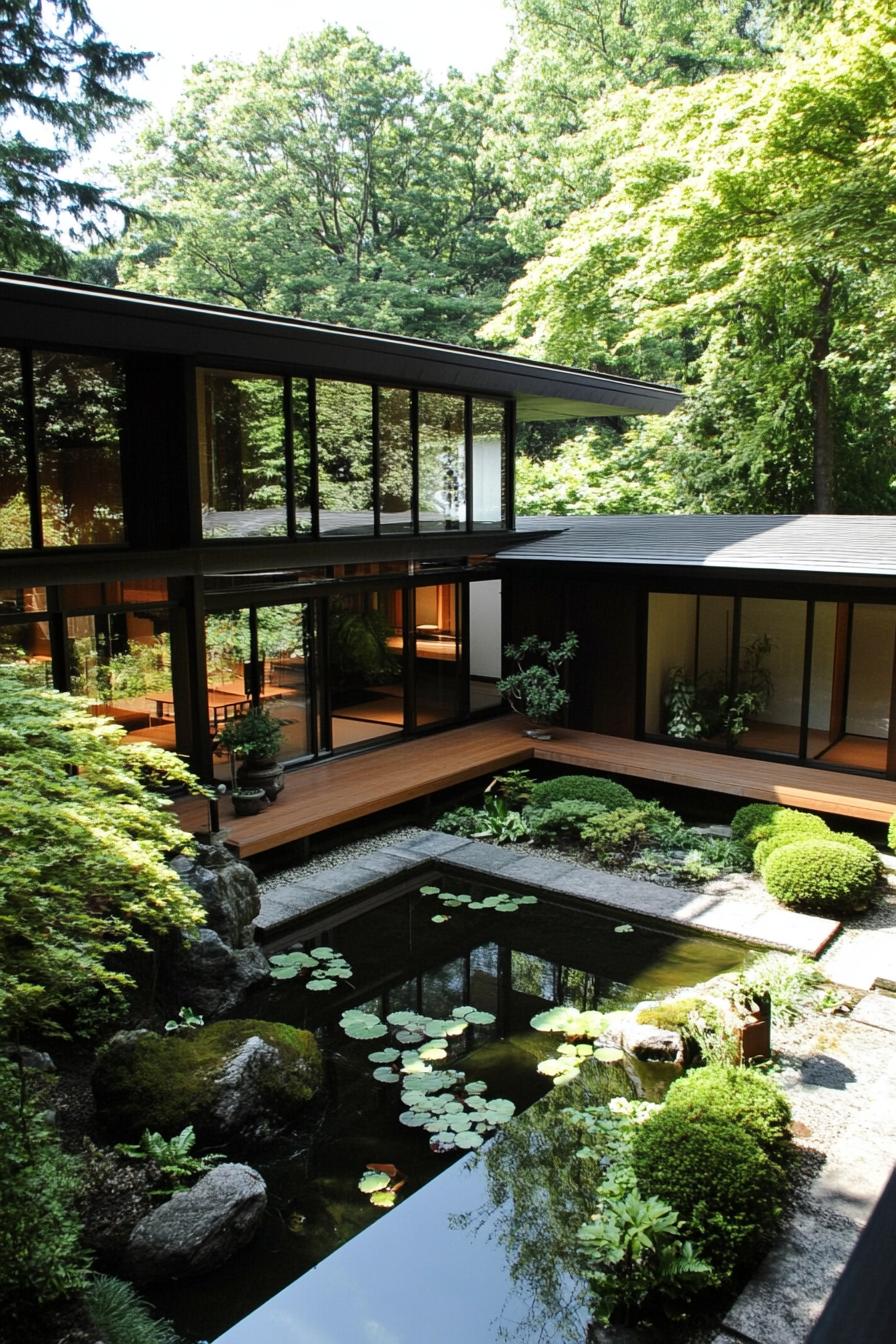 modern japanese u shaped house courtyard with minimalist deck and pond low profile planter boxes with green plants the house is surrounded with lush 1