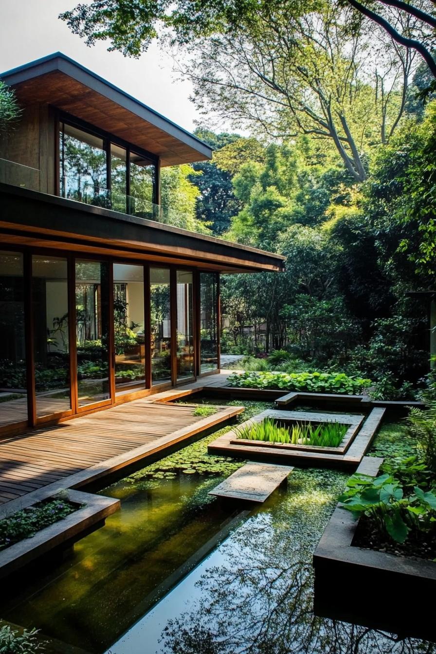 modern japanese u shaped house courtyard with minimalist deck and pond low profile planter boxes with green plants the house is surrounded with lush 2