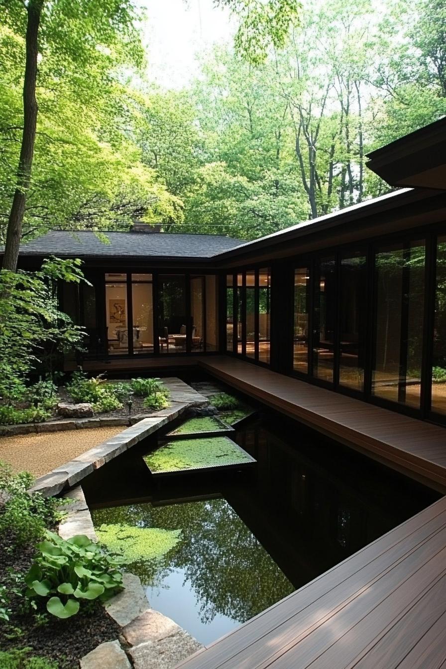 modern japanese u shaped house courtyard with minimalist deck and pond low profile planter boxes with green plants the house is surrounded with lush 3