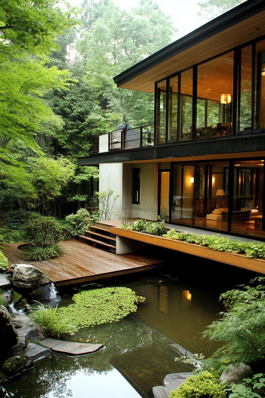 Japanese courtyard house with wooden deck over a serene pond