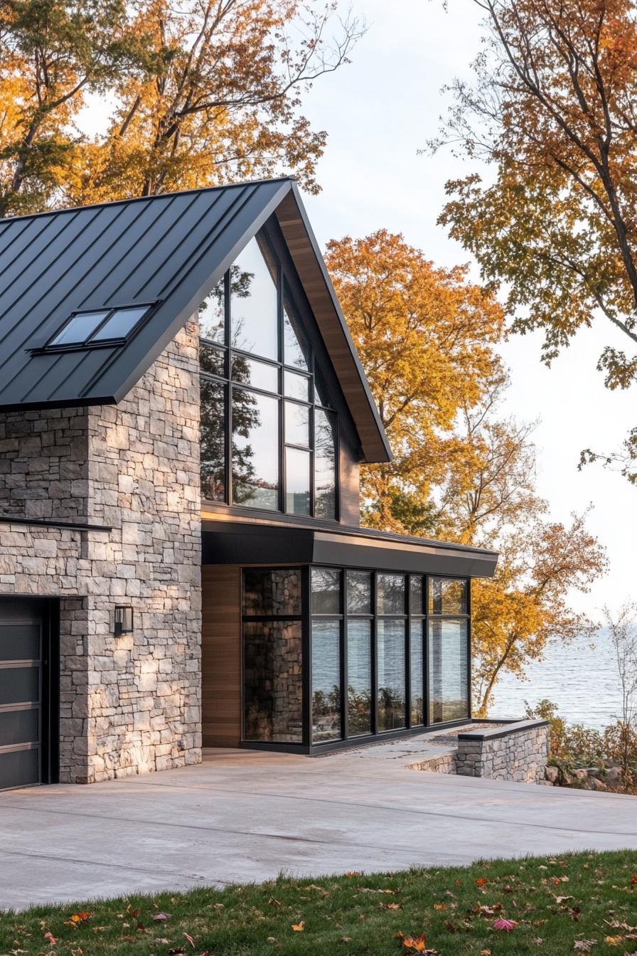 modern lakefront house with stone siding black metal roof full wall windows concrete yard and driveway leading to a garage 1