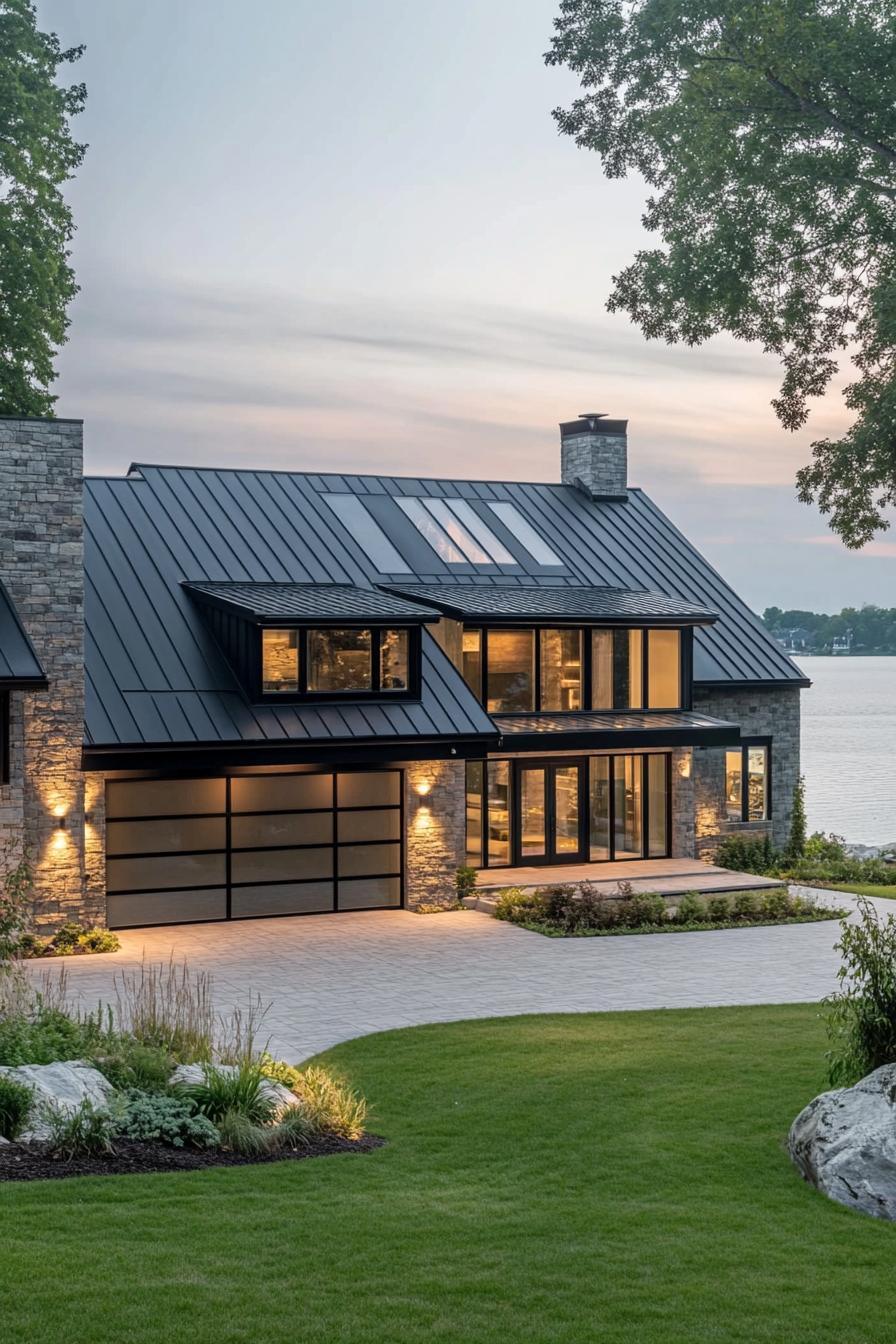 modern lakefront house with stone siding black metal roof full wall windows concrete yard and driveway leading to a garage 2