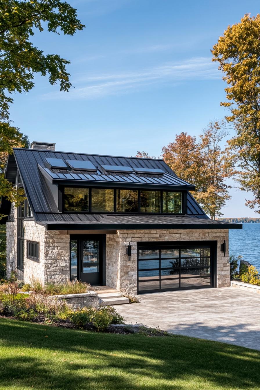 modern lakefront house with stone siding black metal roof full wall windows concrete yard and driveway leading to a garage 3