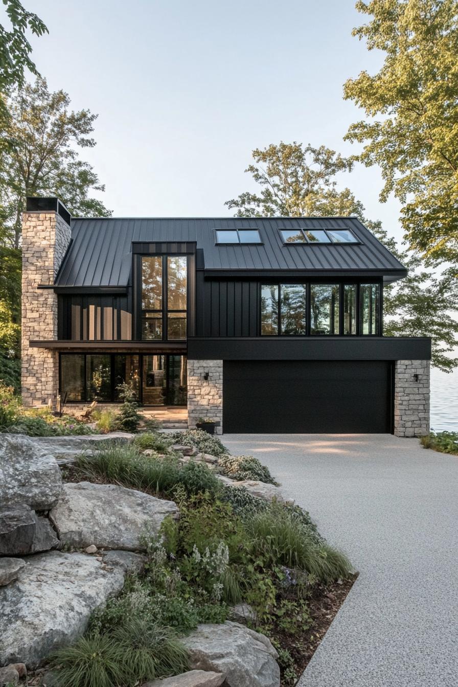 modern lakefront house with stone siding black metal roof full wall windows concrete yard and driveway leading to a garage