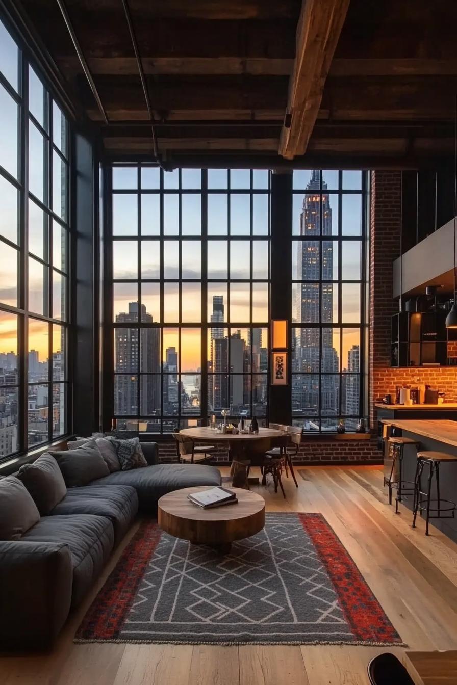 modern lofted apartment with full wall windows with black frames round dining table with chairs by the windows in the corner red area rug 1