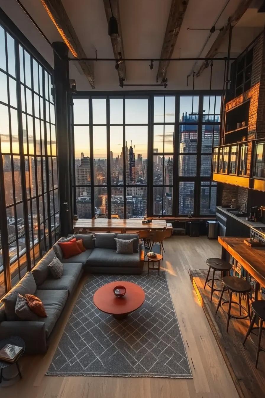 modern lofted apartment with full wall windows with black frames round dining table with chairs by the windows in the corner red area rug 2