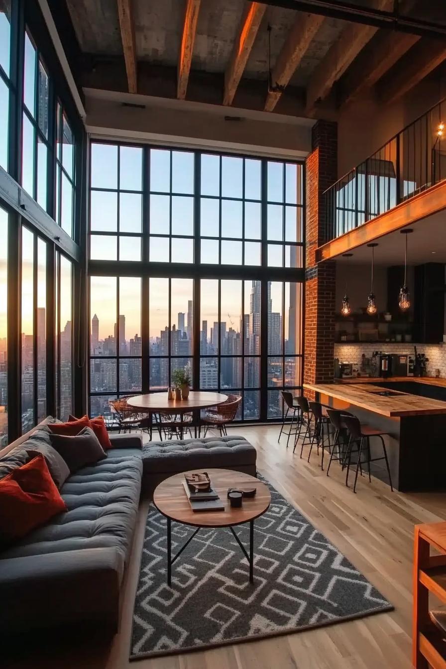 modern lofted apartment with full wall windows with black frames round dining table with chairs by the windows in the corner red area rug 3