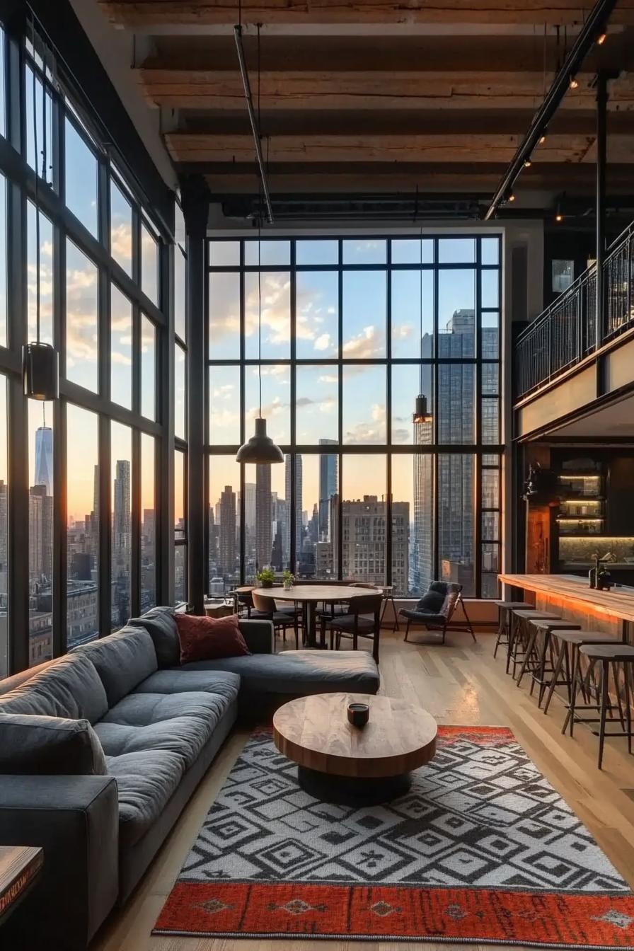 modern lofted apartment with full wall windows with black frames round dining table with chairs by the windows in the corner red area rug