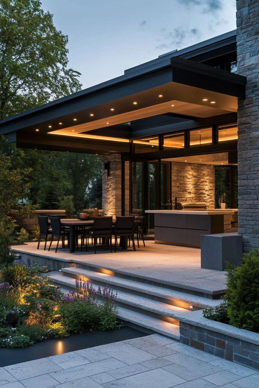 modern luxury house outdoor kitchen and dining area with polished stone facade black roof LED lit ceiling dining table with chairs polished stone