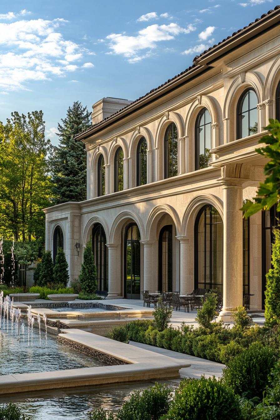 modern luxury palace with arch windows columns front yard fountain 1