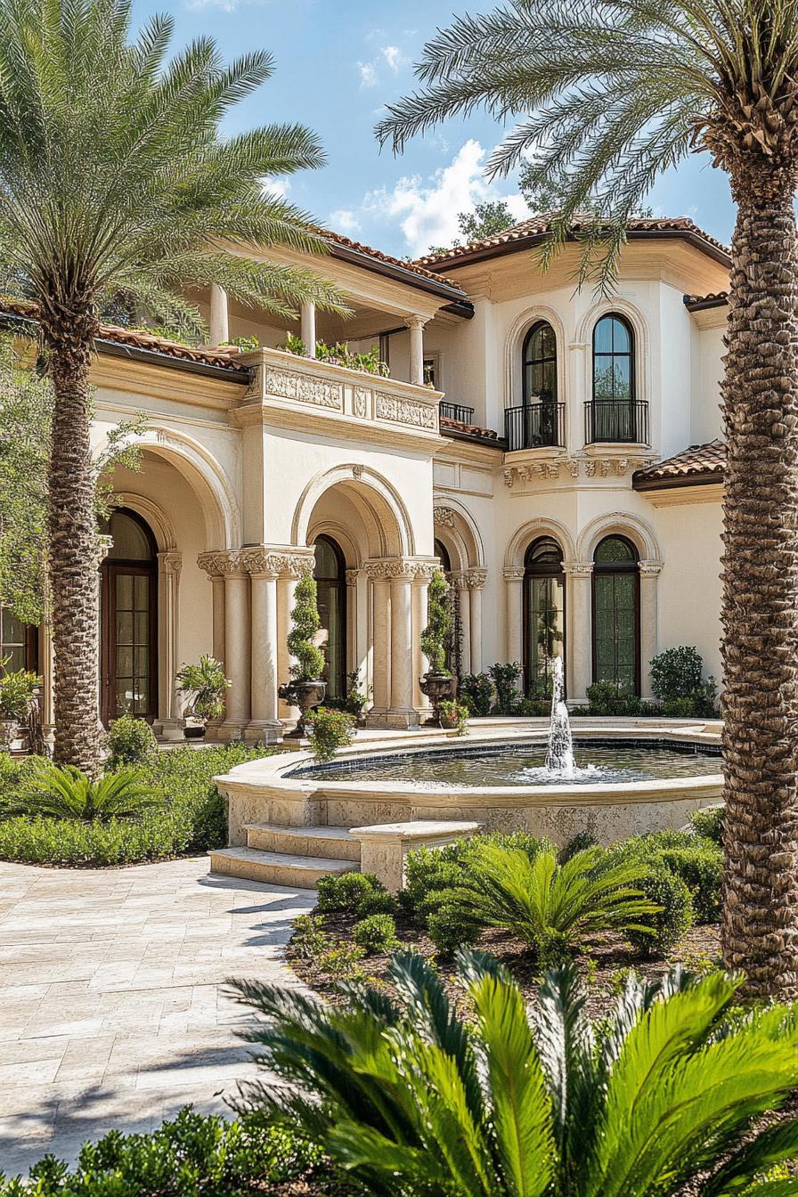 modern luxury palace with arch windows columns front yard fountain 2