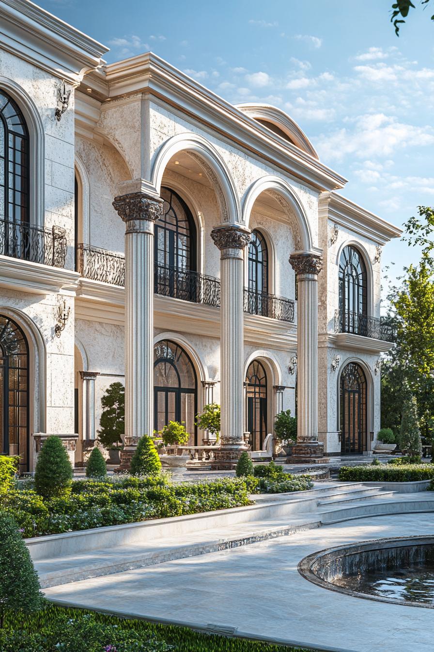 modern luxury palace with arch windows columns front yard fountain