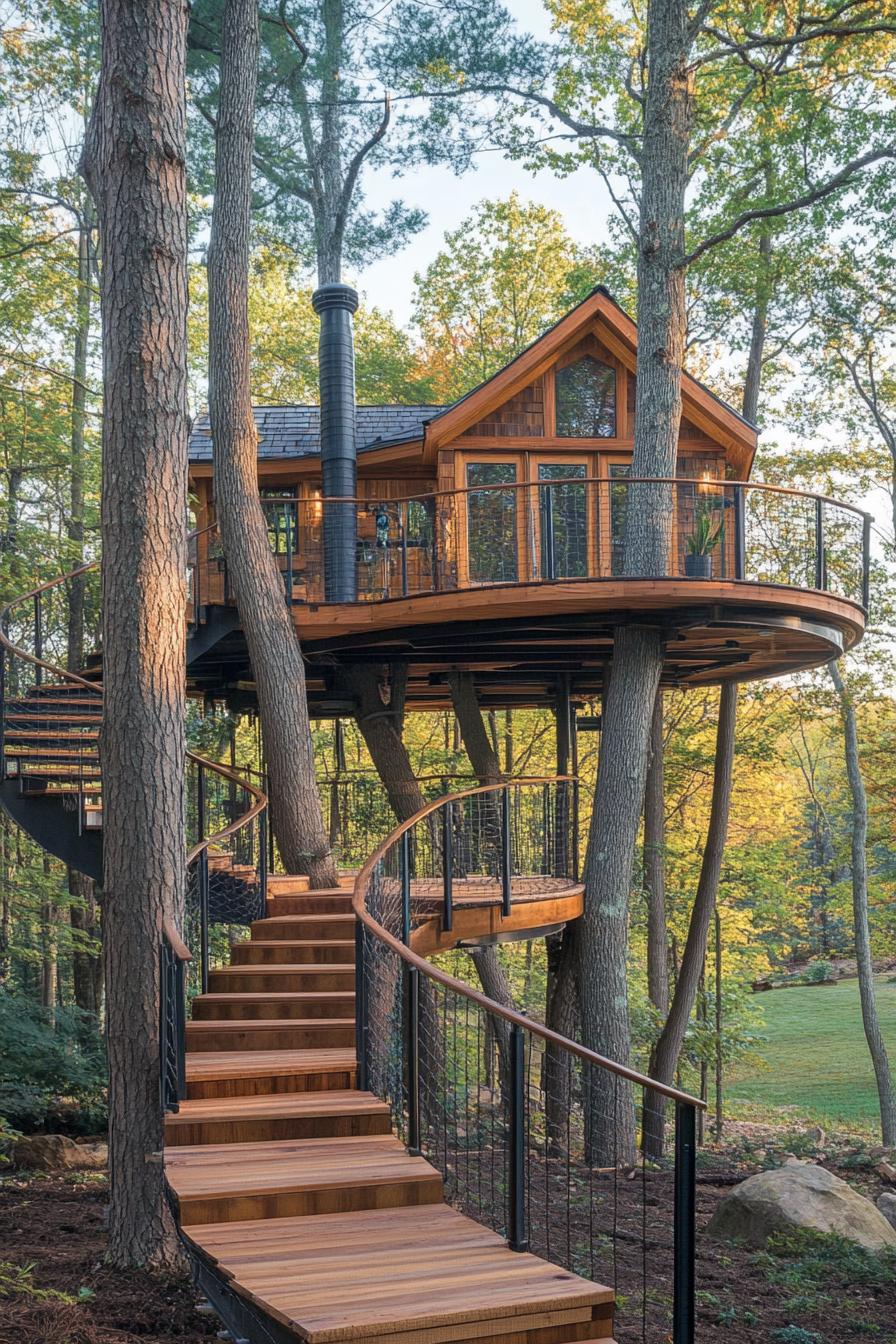 modern luxury tree house in cottage style it has a large deck built between two tall trees spiral stairs with railings lead to the deck and the