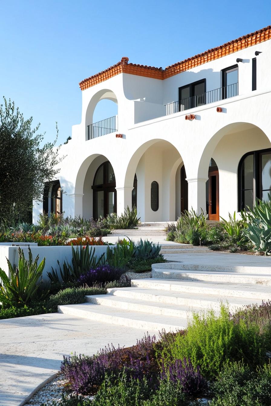 modern mexican hacienda in white stucco siding columns and arches native plants garden 1