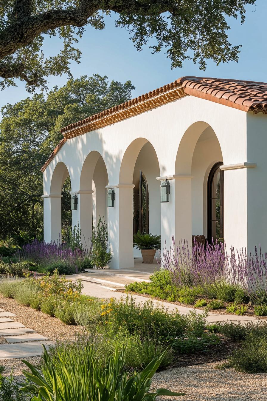 modern mexican hacienda in white stucco siding columns and arches native plants garden 2