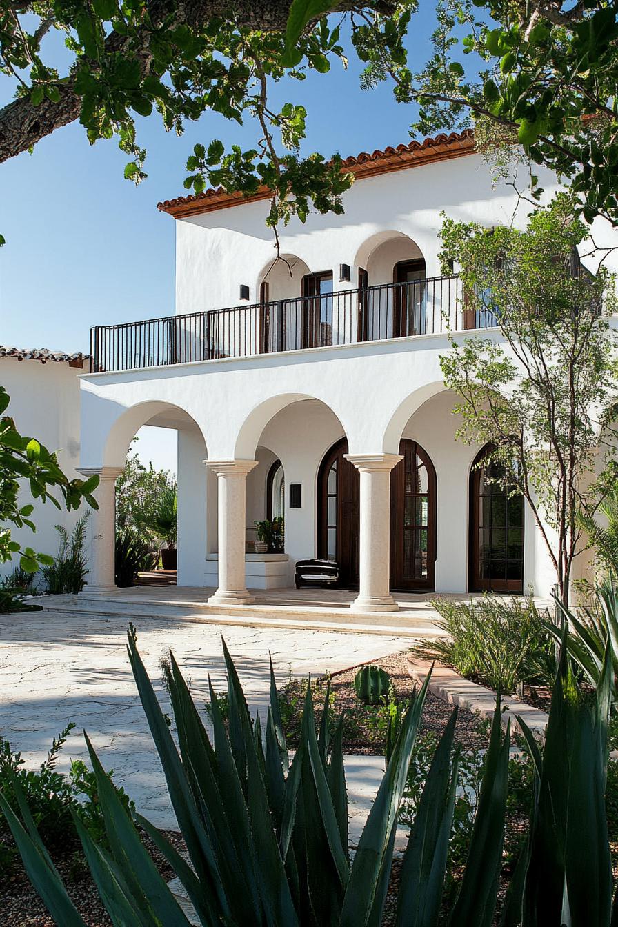 modern mexican hacienda in white stucco siding columns and arches native plants garden 3