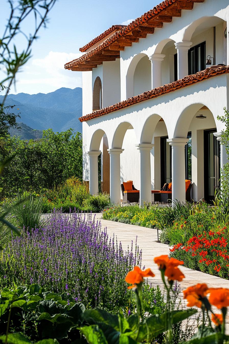 modern mexican hacienda in white stucco siding columns and arches native plants garden