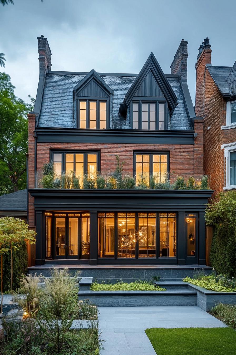 modern neo Victorian style house facade with roof gardens