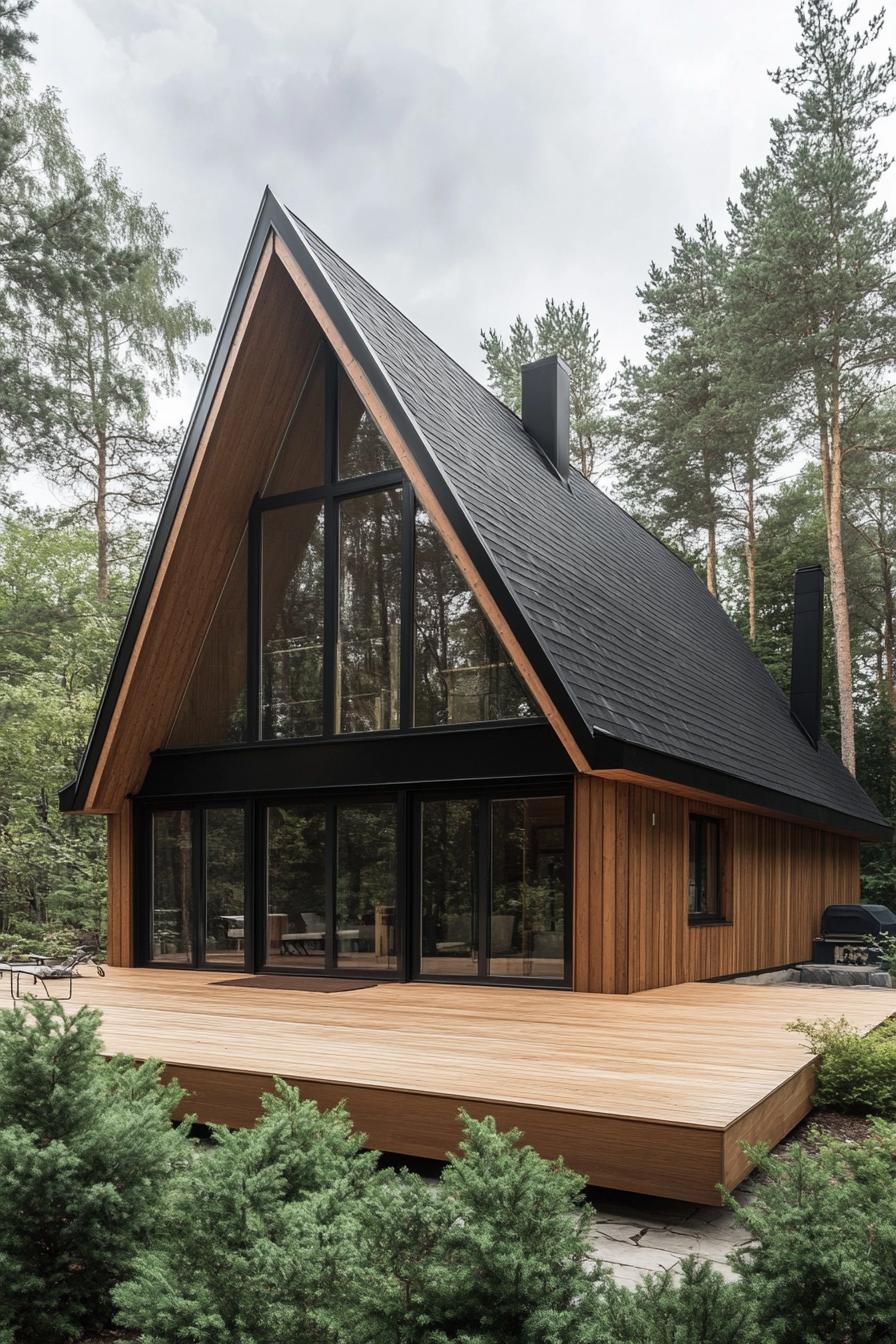 modern nordic house with wooden siding black a frame roof large wooden deck shrubs in a forest