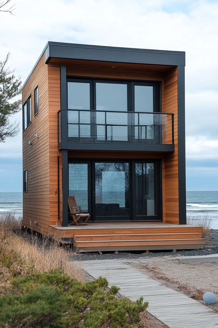 modern prefab small house facade with natural wood siding black trim and black flat roof on beachfront full house view 1