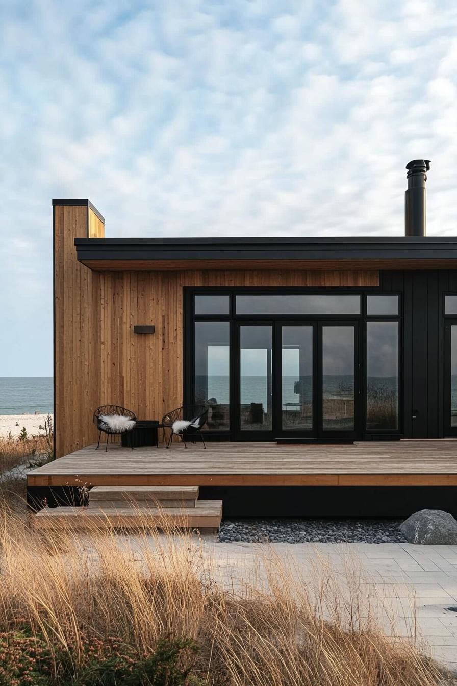 modern prefab small house facade with natural wood siding black trim and black flat roof on beachfront full house view 2