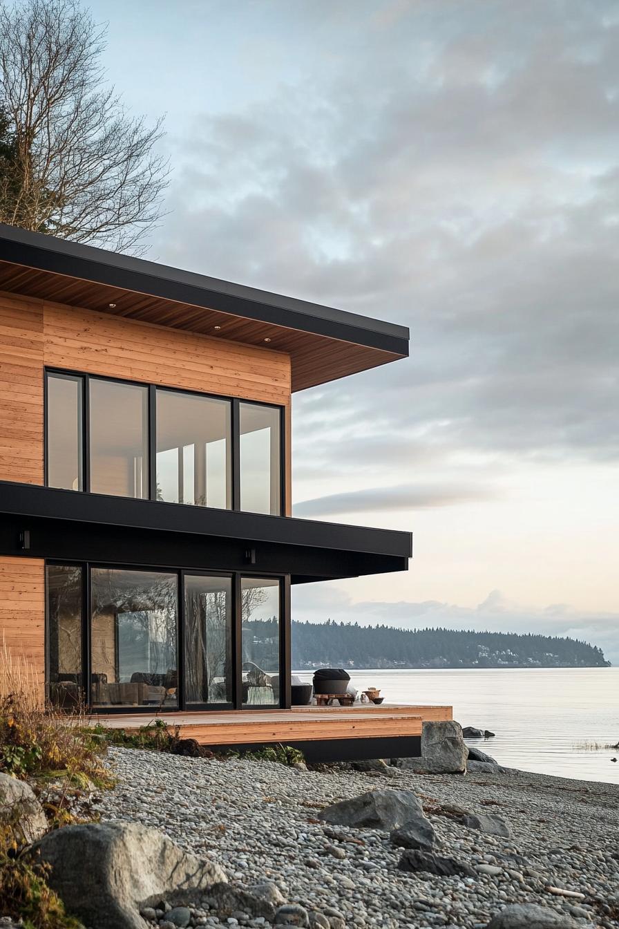 modern prefab small house facade with natural wood siding black trim and black flat roof on beachfront full house view 3