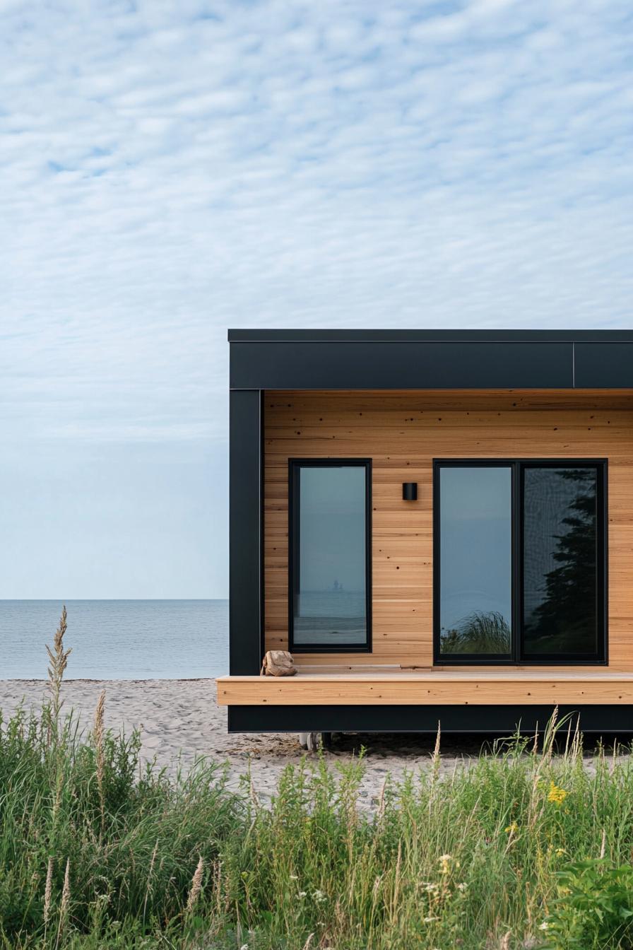 modern prefab small house facade with natural wood siding black trim and black flat roof on beachfront full house view