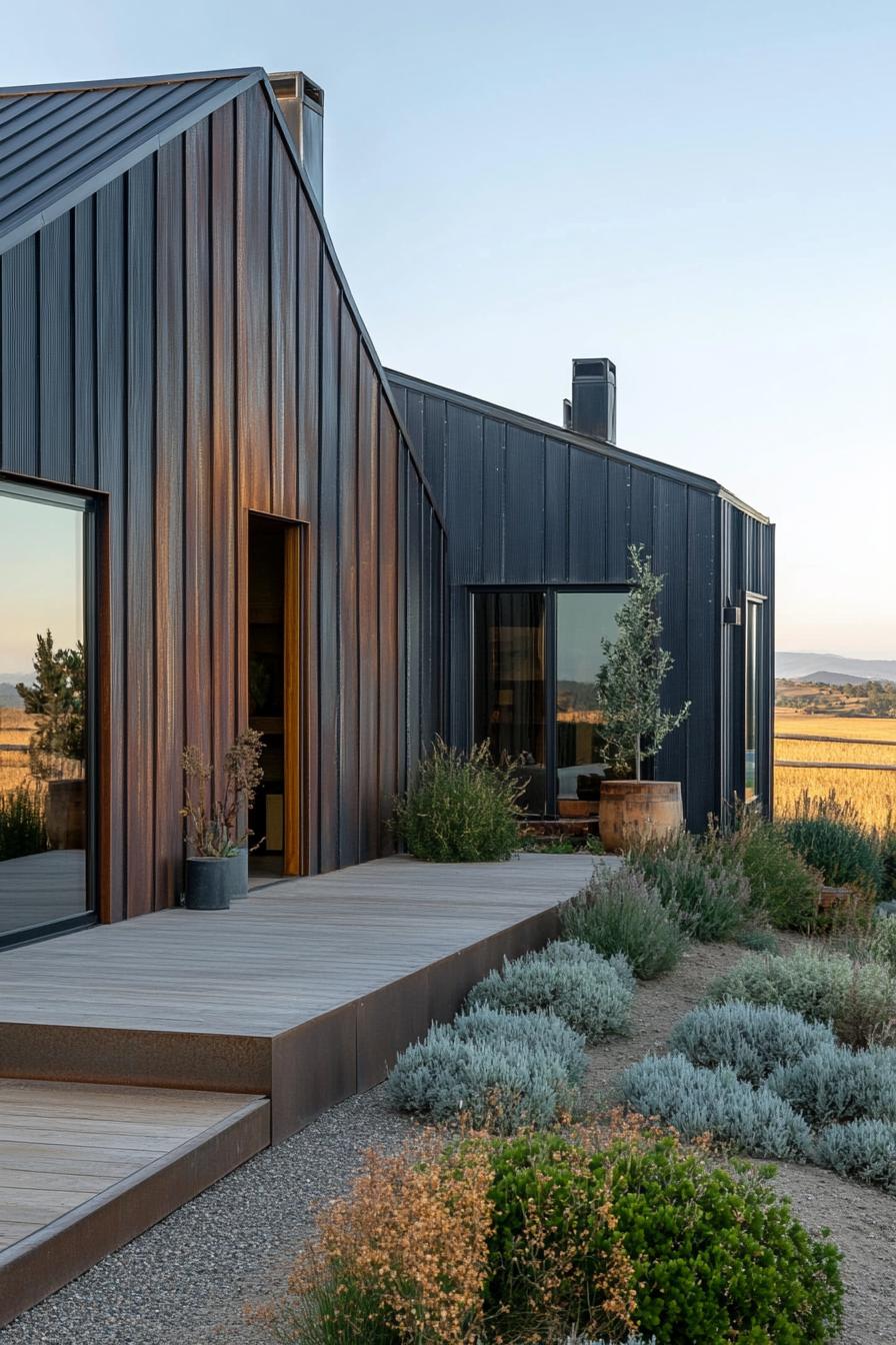 modern ranch house facade with steel corrugated siding ranch farm in a distance 1