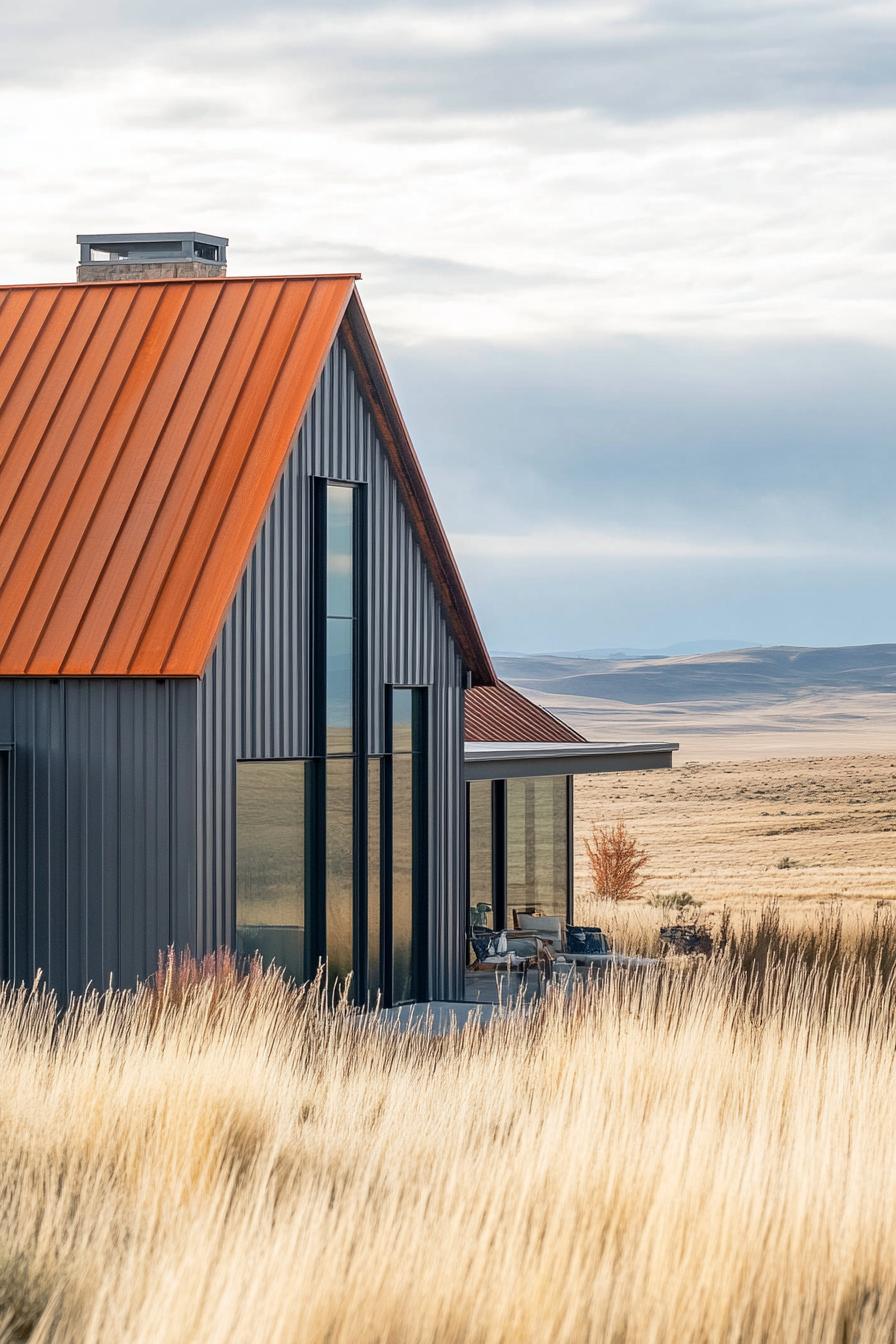 modern ranch house facade with steel corrugated siding ranch farm in a distance 2