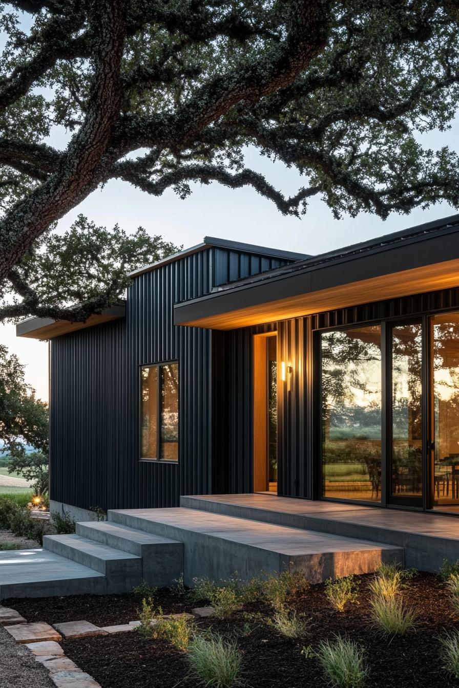 modern ranch house facade with steel corrugated siding ranch farm in a distance 3