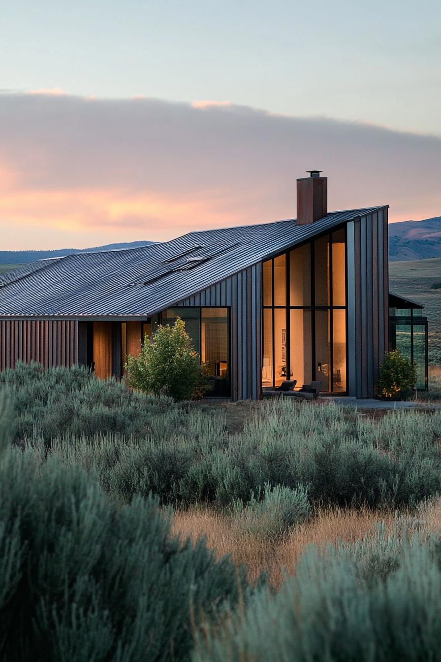 modern ranch house facade with steel corrugated siding ranch farm in a distance