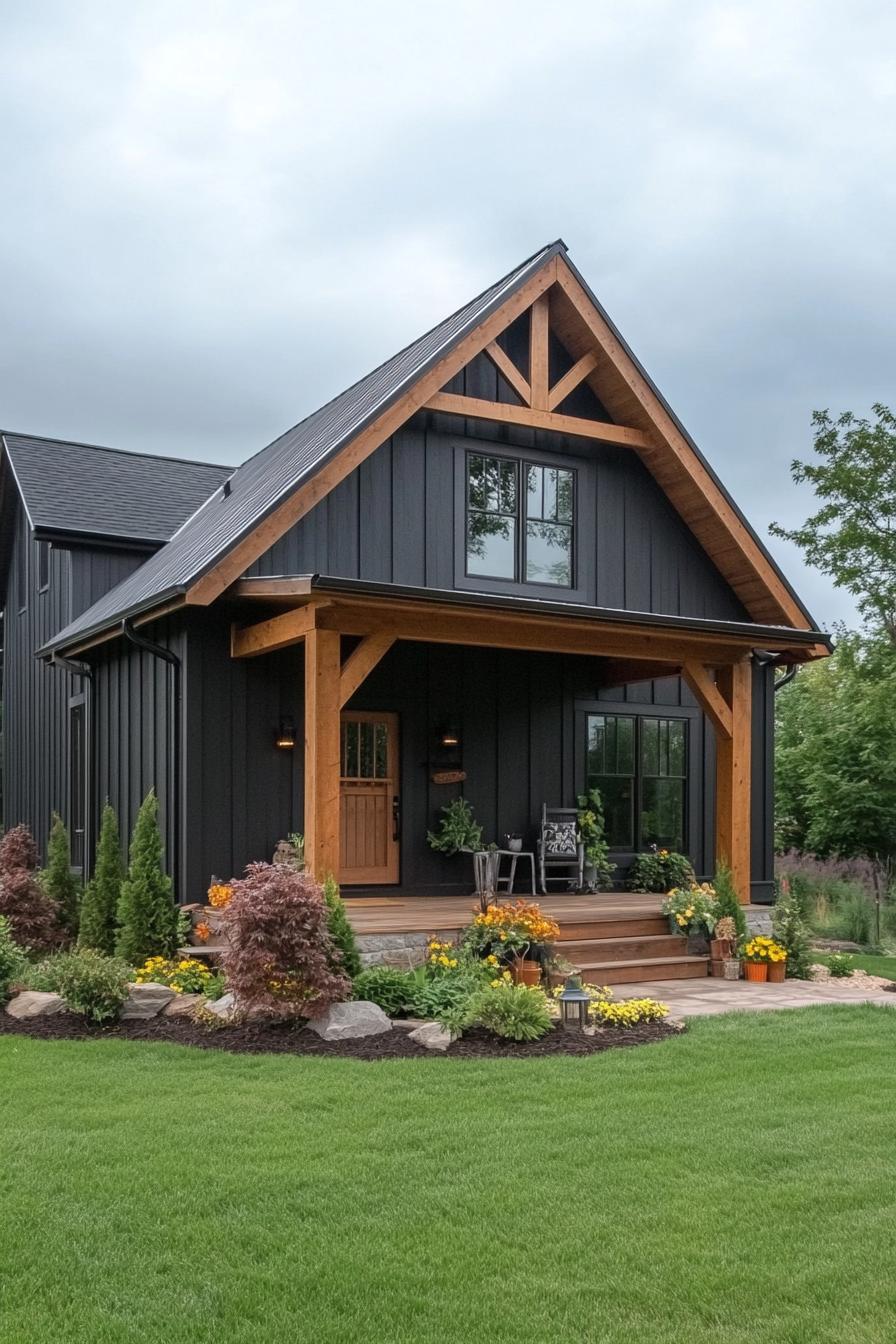 modern rustic small barn home with board and batten deep dark siding natural wood stain trim porch with beams and steps lawn with shrubs 1