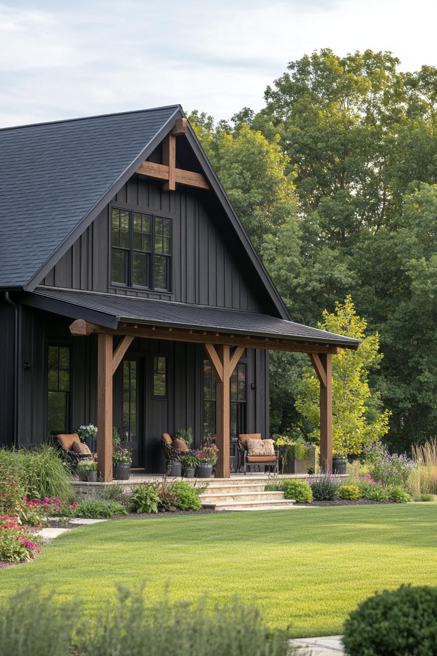 modern rustic small barn home with board and batten deep dark siding natural wood stain trim porch with beams and steps lawn with shrubs