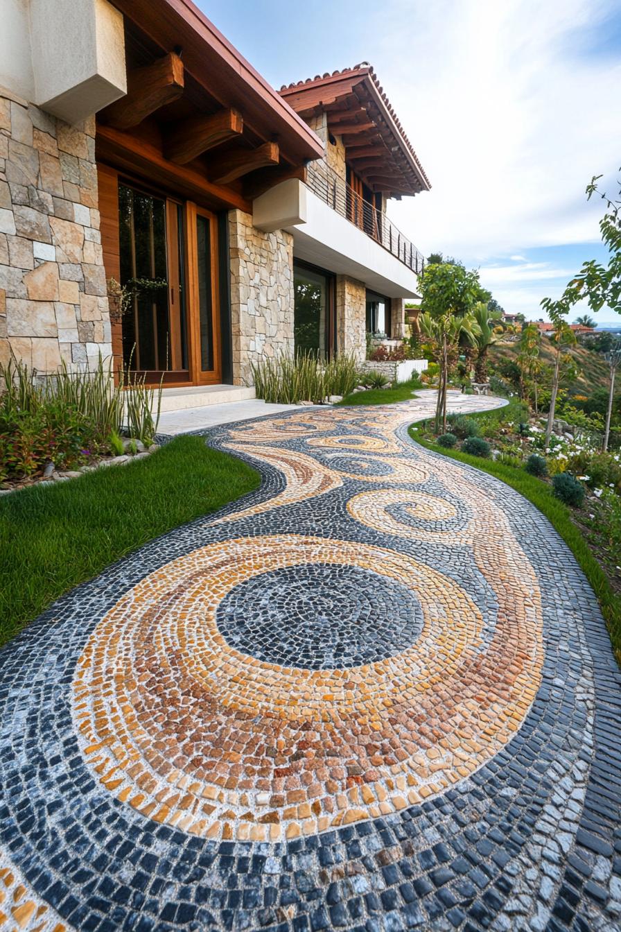 modern terrace house front yard mosaic path mediterranean 1