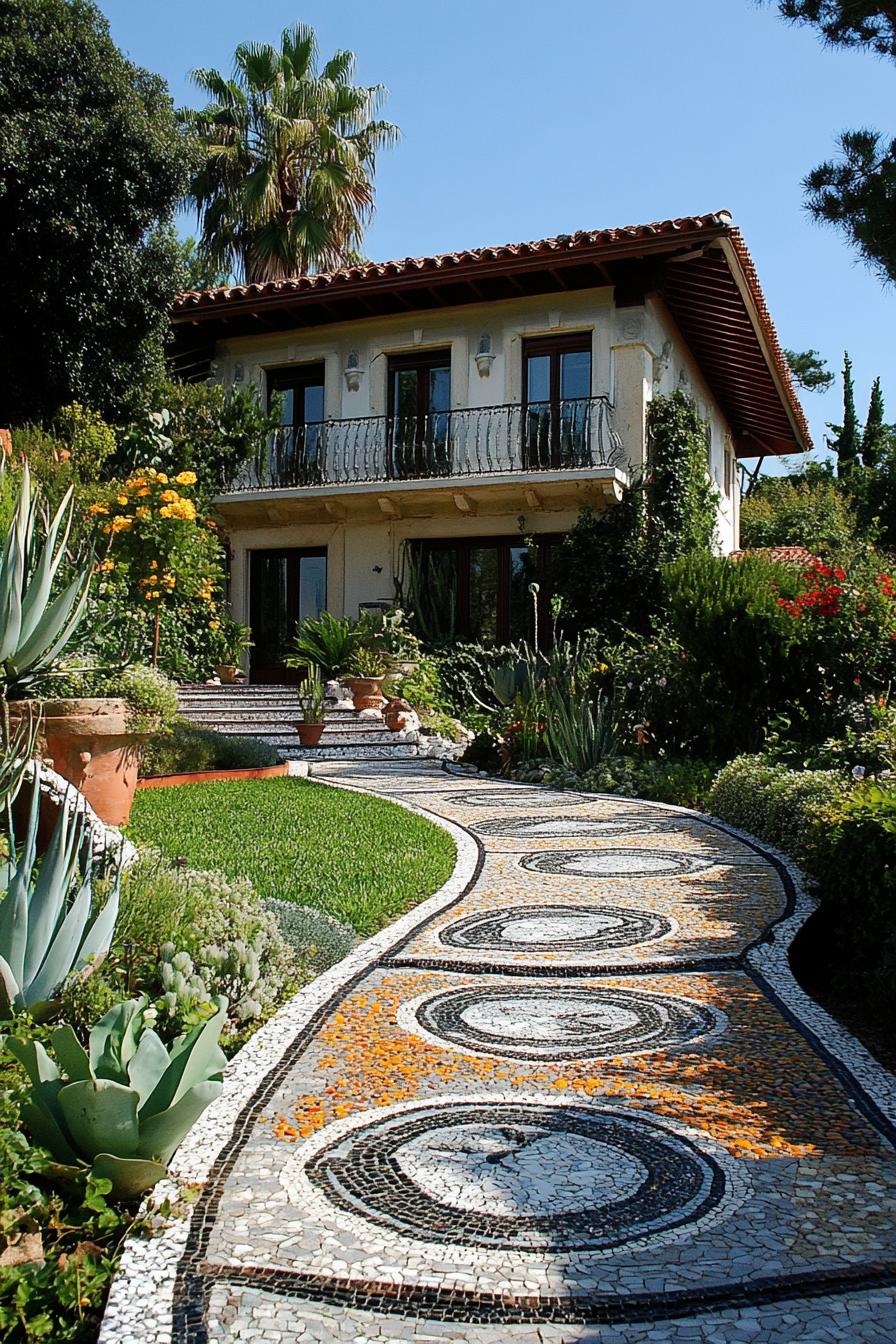 modern terrace house front yard mosaic path mediterranean 2