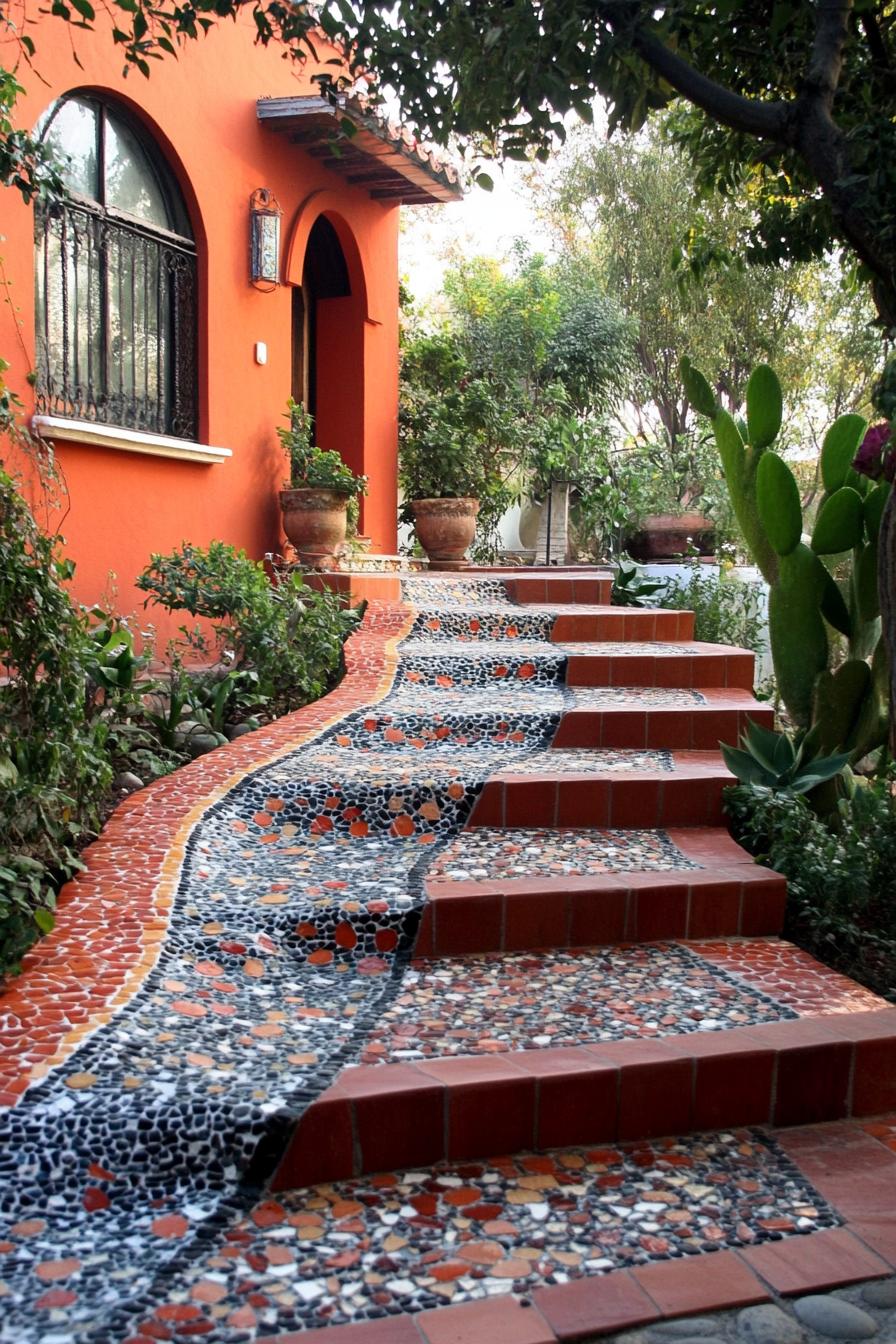 modern terrace house front yard mosaic path mediterranean 3