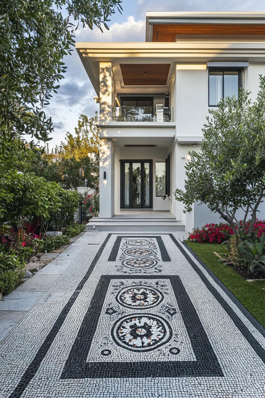 modern terrace house front yard mosaic path mediterranean