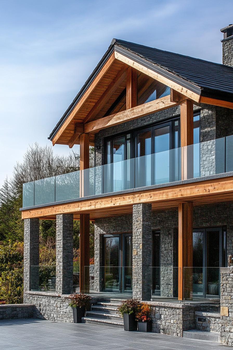 modern timber frame house facade with stone pillars and glass balustrades 1