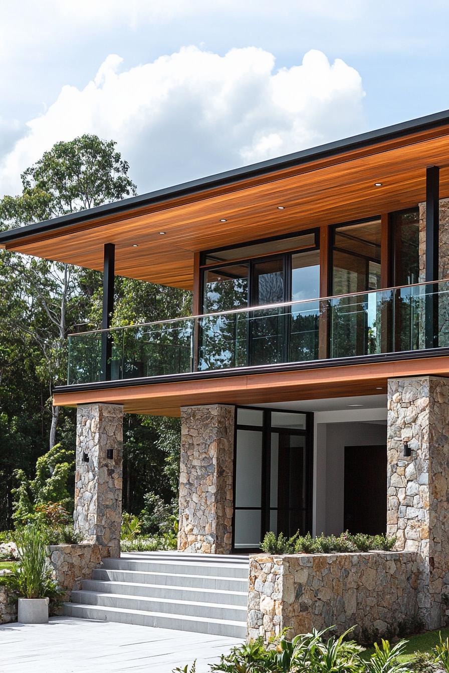 modern timber frame house facade with stone pillars and glass balustrades 2