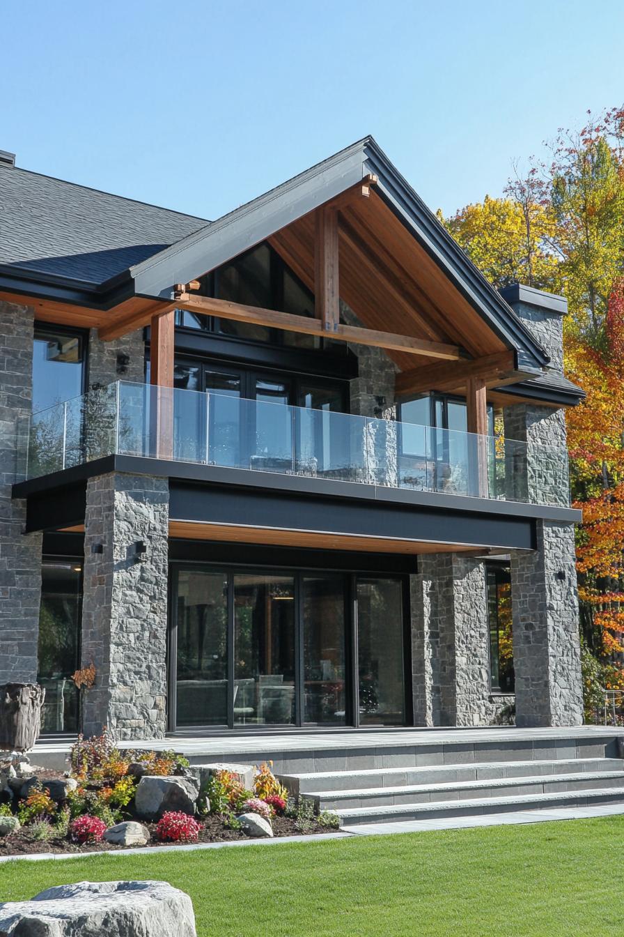 modern timber frame house facade with stone pillars and glass balustrades 3